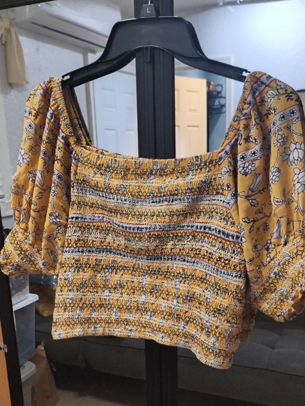Ami Yellow Floral Smocked Off-Shoulder Crop Top